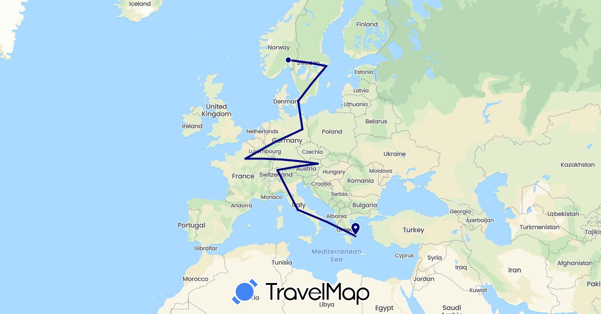 TravelMap itinerary: driving in Austria, Switzerland, Germany, Denmark, France, Greece, Italy, Norway, Sweden (Europe)